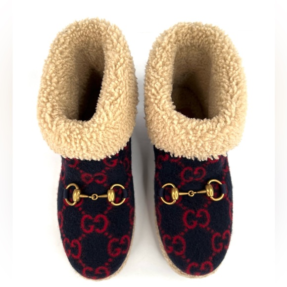Gucci Fria Horsebit GG Logo Wool Shearling Fur Women Ankle Booties Size … - Picture 6 of 15
